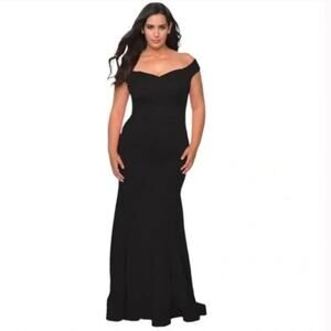La Femme Curve Off the Shoulder Black Trumpet Dress